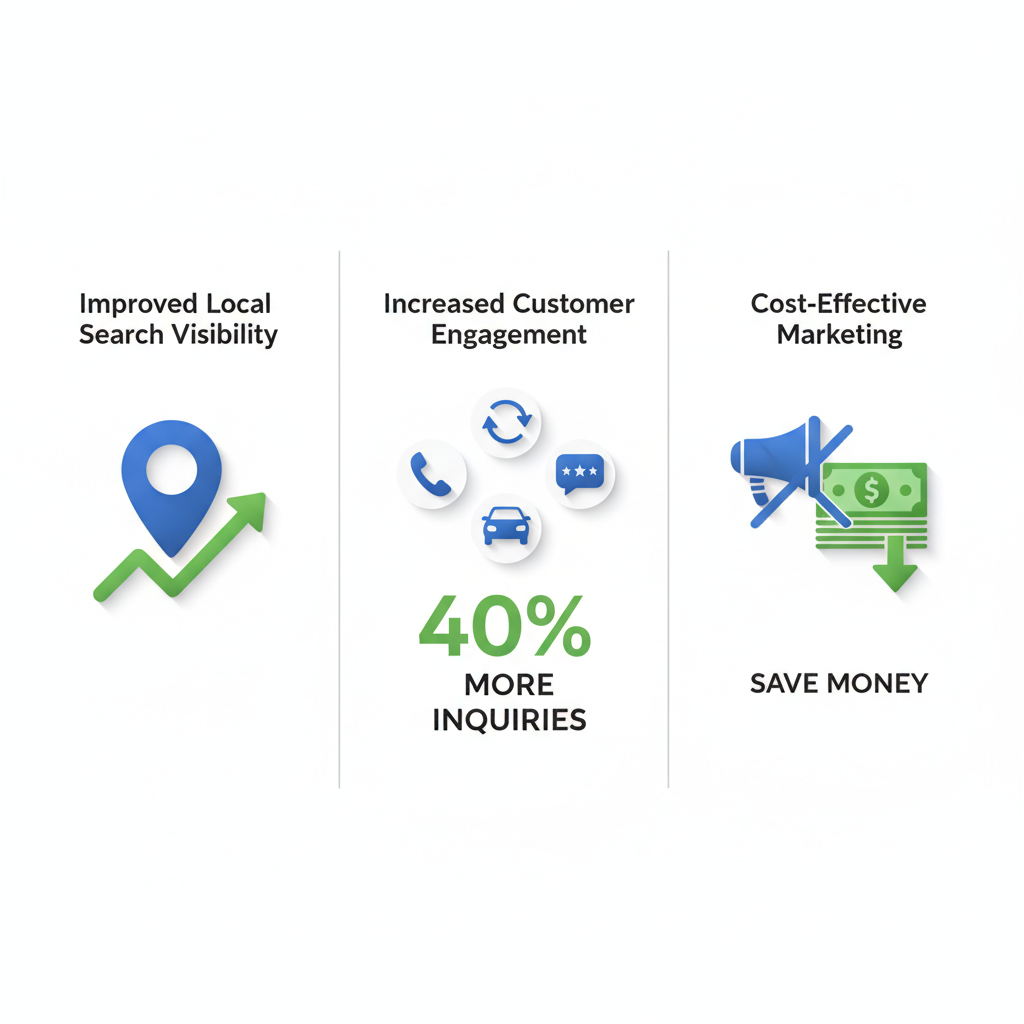 Infographic illustrating three benefits of Google My Business optimization: enhanced local visibility, boosted customer engagement, and cost savings for Orange City businesses