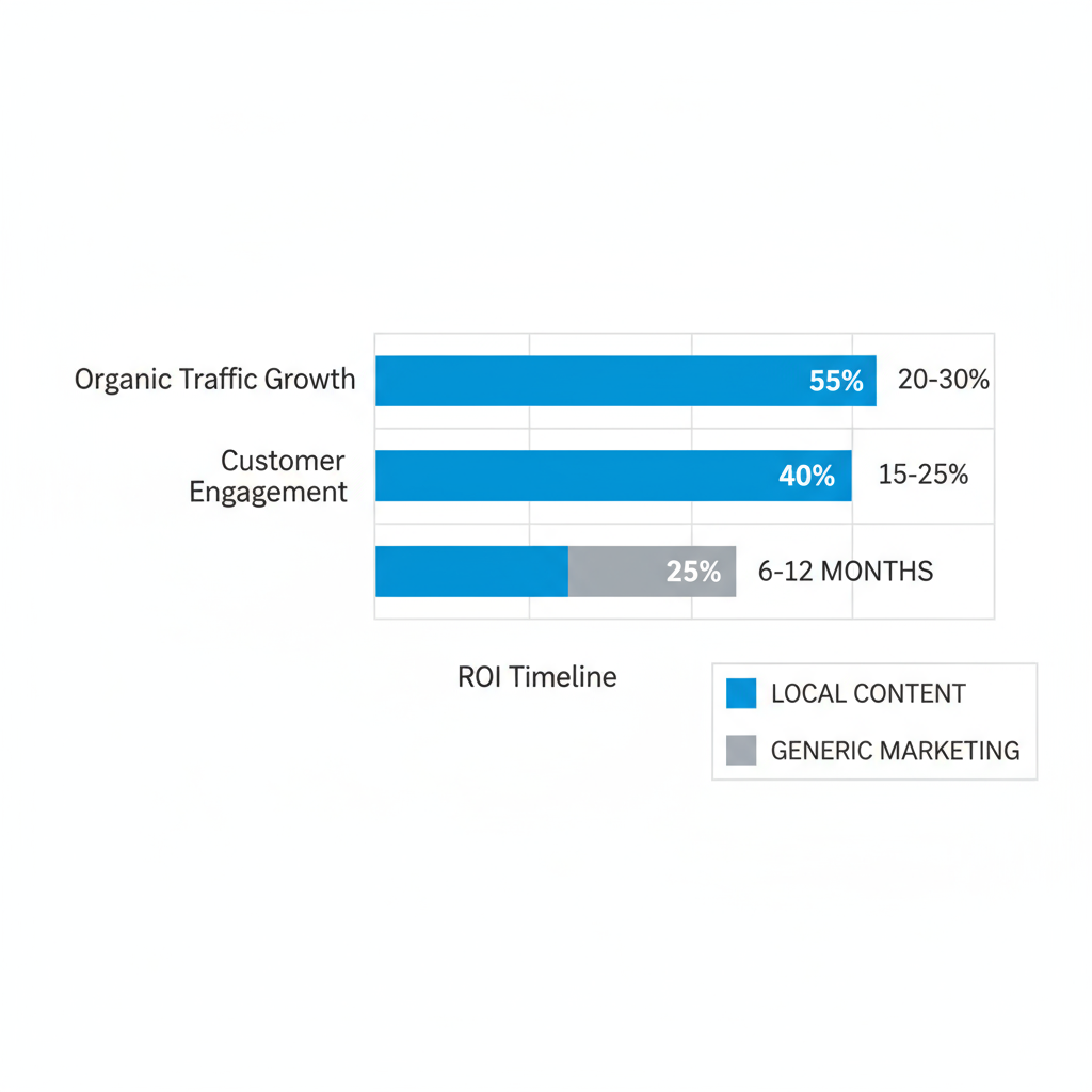 Horizontal bar chart comparing local versus generic marketing benefits for DeLand businesses in organic traffic, customer engagement, and ROI timeline