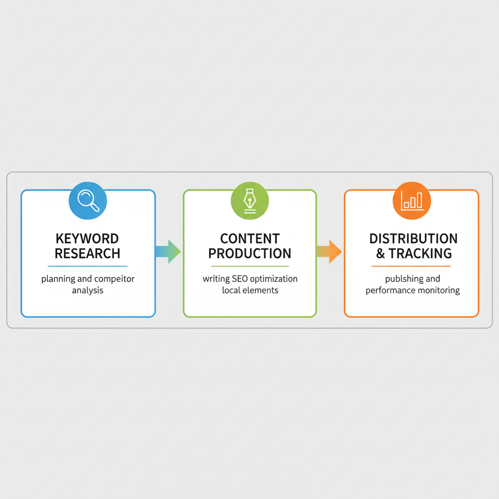 Horizontal process flow illustrating keyword research, content production, and distribution tracking stages for DeLand local SEO content creation.