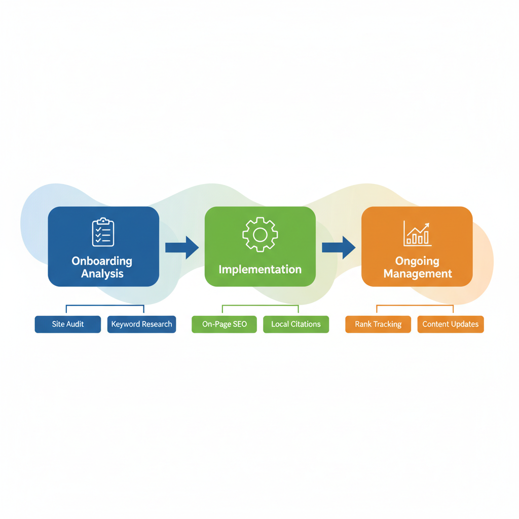 Horizontal process flow diagram illustrating three main stages of affordable local SEO: onboarding and analysis, implementation, and ongoing management for Deltona businesses.