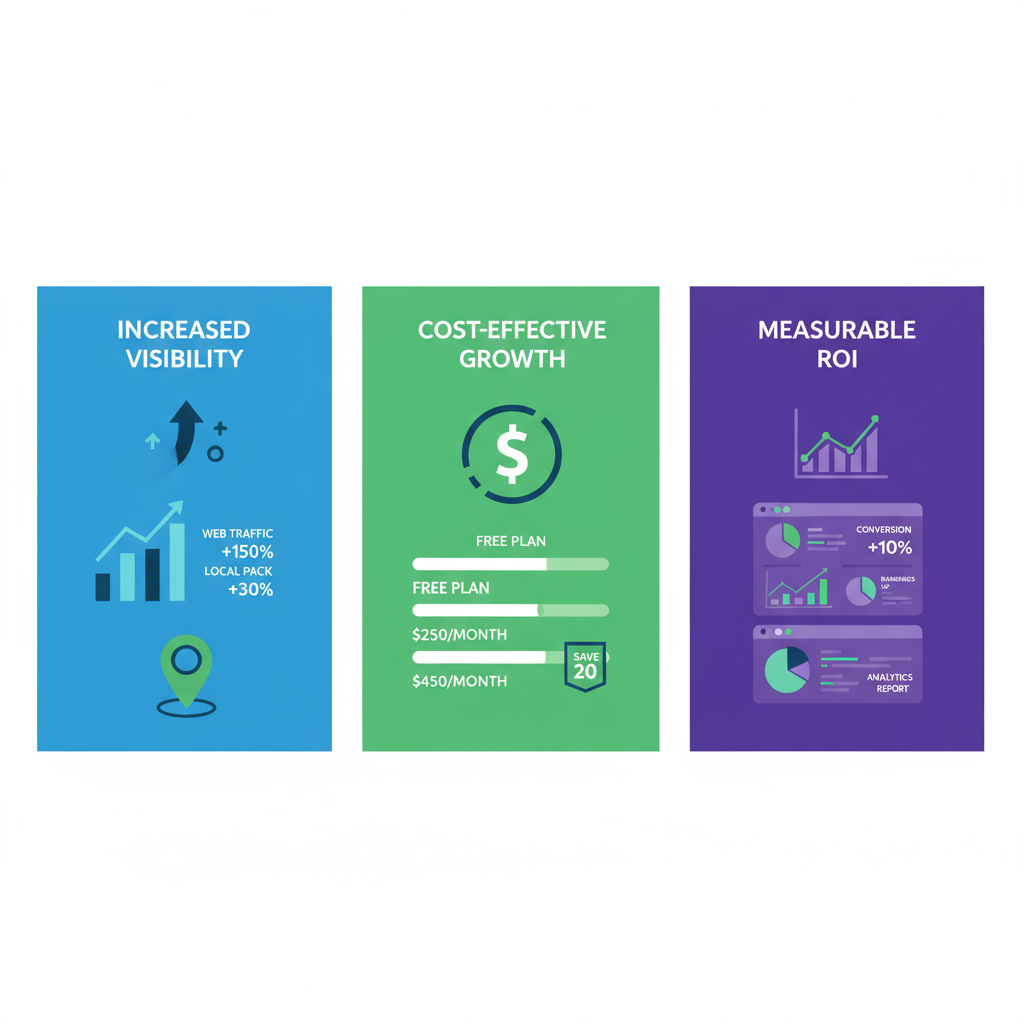 Infographic illustrating key benefits of local SEO services for Deltona businesses: visibility, cost-effective growth, and measurable ROI.