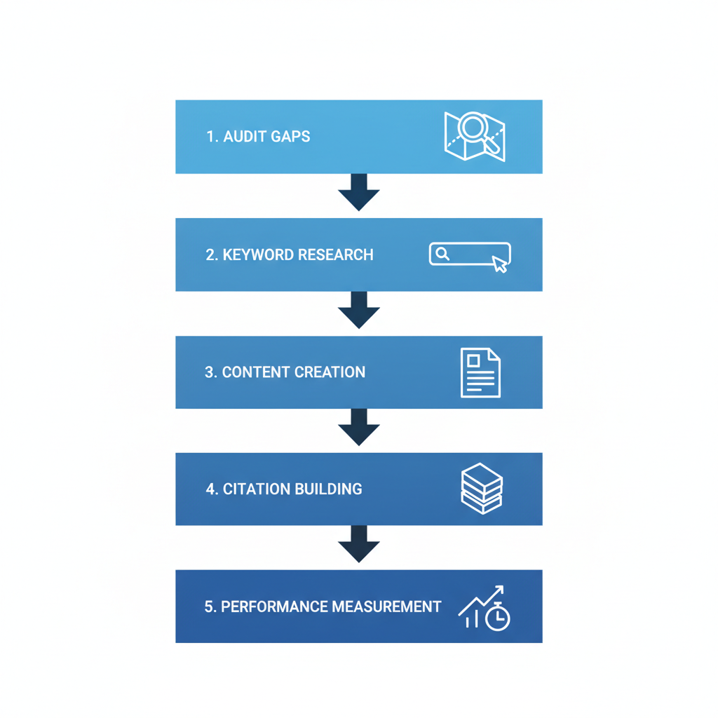Process flow diagram illustrating local SEO steps for DeLand businesses including audit, keyword research, content creation, citation building, and performance measurement