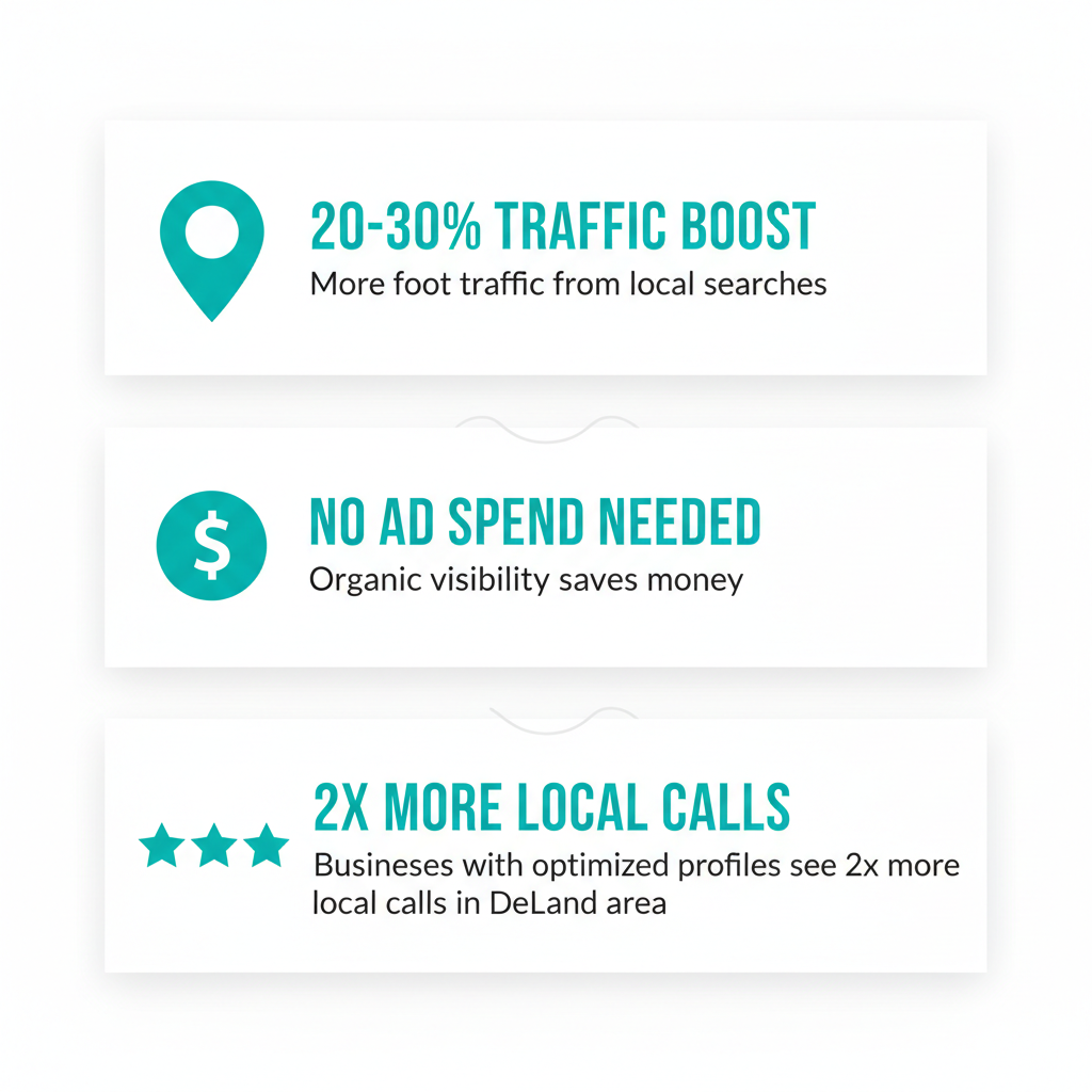 Infographic illustrating three key benefits of local SEO: increased visibility, cost-effective growth, and building trust for DeLand businesses with icons and metrics.