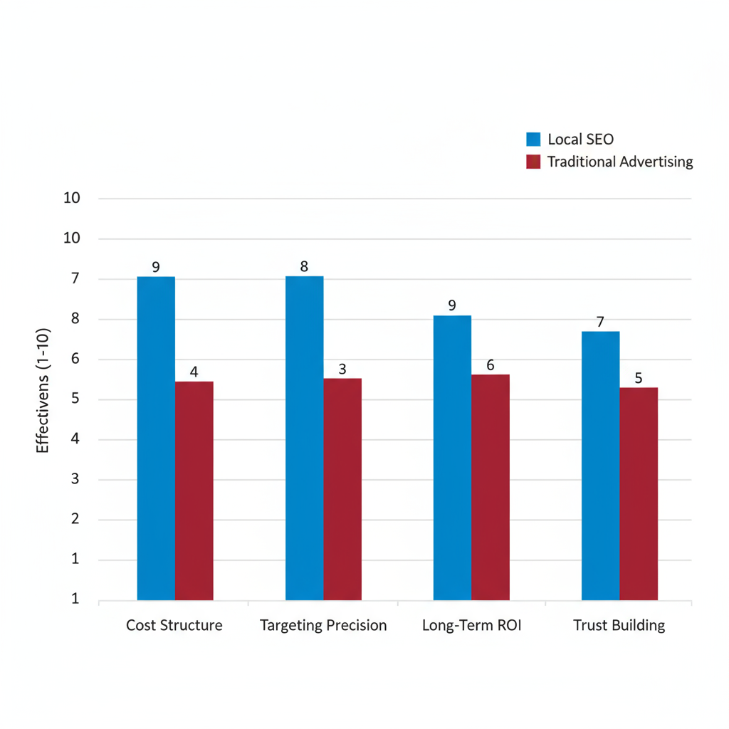 Bar chart comparing benefits of Local SEO and traditional advertising for Deltona companies on cost, targeting, ROI, and trust.