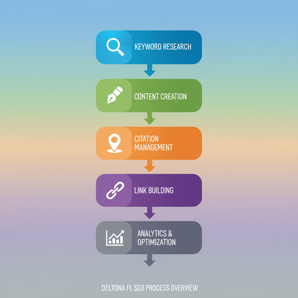 Vertical illustration showing five key steps in local SEO for Deltona businesses: keyword research, content creation, citation management, link building, and analytics optimization, connected by arrows.