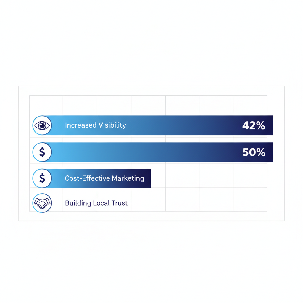 Horizontal bar chart illustrating benefits of local SEO for Deltona businesses with percentages for visibility, cost savings, and trust building