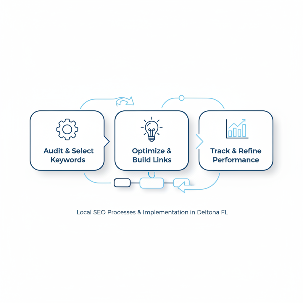 Diagram illustrating the local SEO workflow for Deltona businesses with three connected stages: keyword research, implementation, and monitoring.