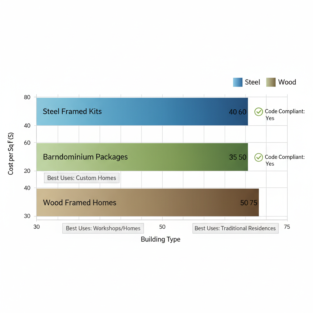 Horizontal bar chart comparing costs per square foot for steel framed kits, barndominium packages, and wood framed homes in Grand Junction, showing price ranges and code compliance.