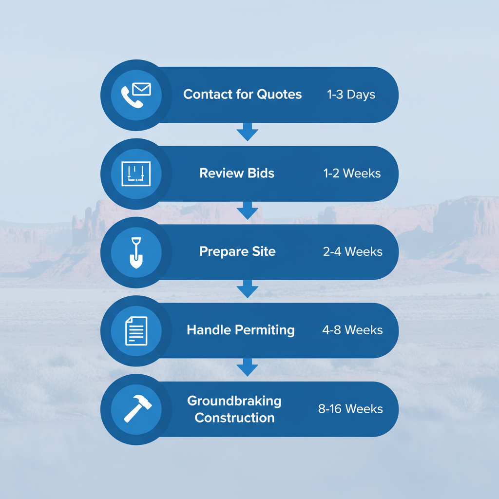 Vertical process flow diagram showing five key stages in building a metal structure with icons and timelines.