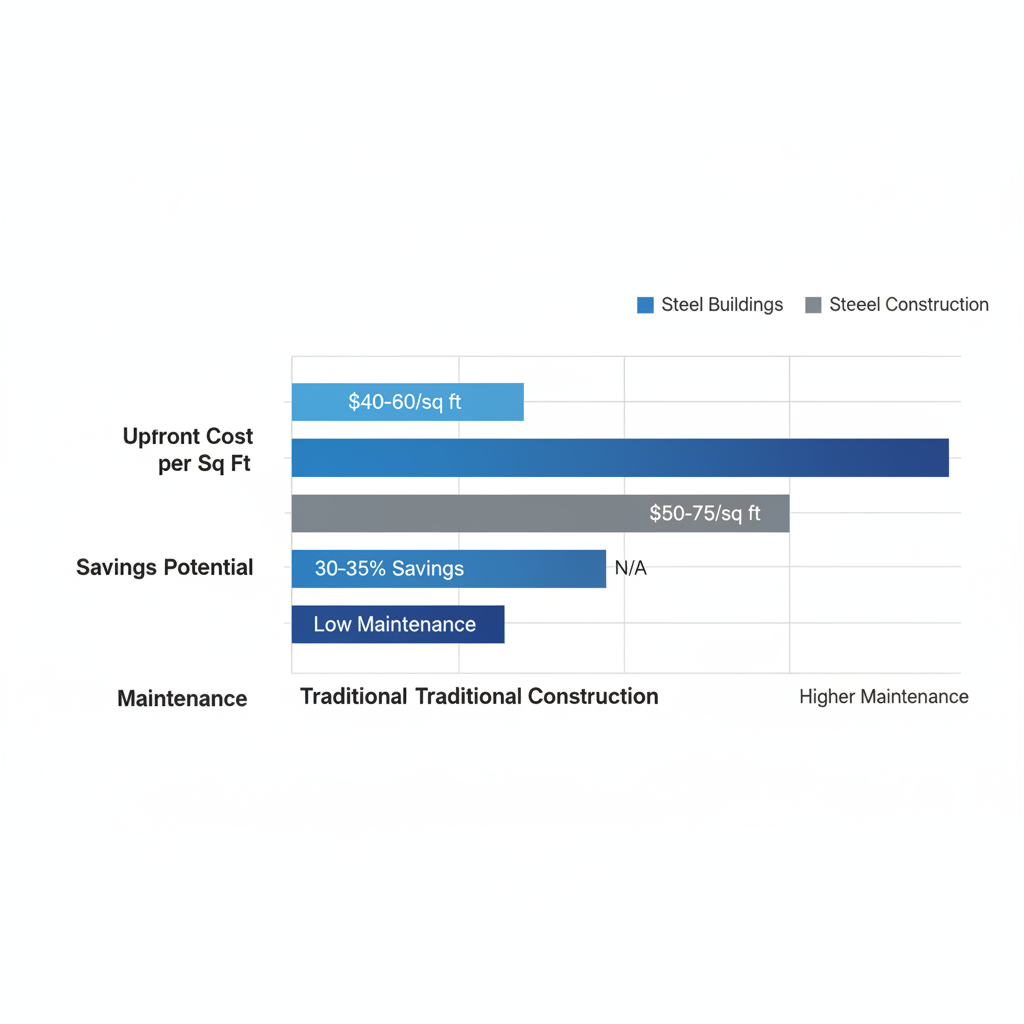 Horizontal bar chart comparing steel and traditional construction costs, savings, and maintenance levels