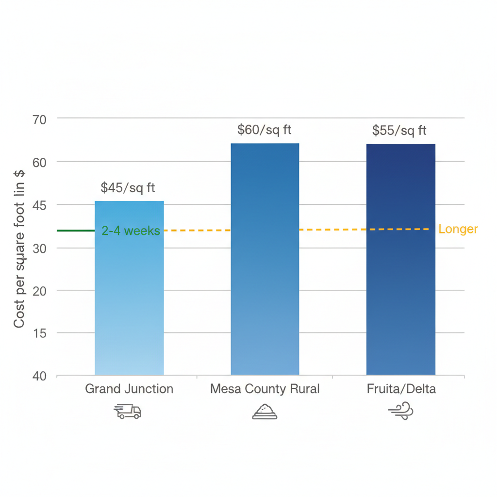 Bar chart comparing average costs per square foot for steel building kits in Grand Junction, Mesa County Rural, and Fruita/Delta areas with icons and lead time indicators