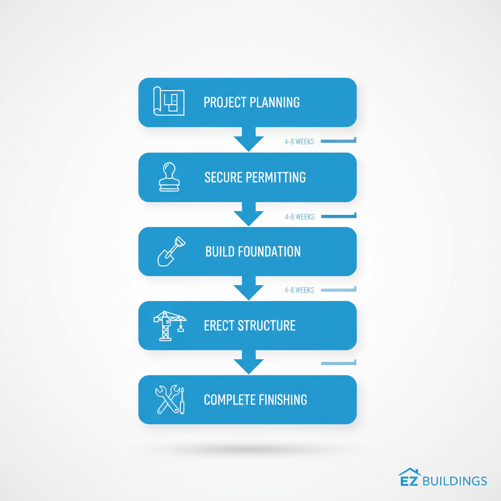 Vertical process flow diagram illustrating the five stages of steel building projects from planning to finishing with icons and arrows
