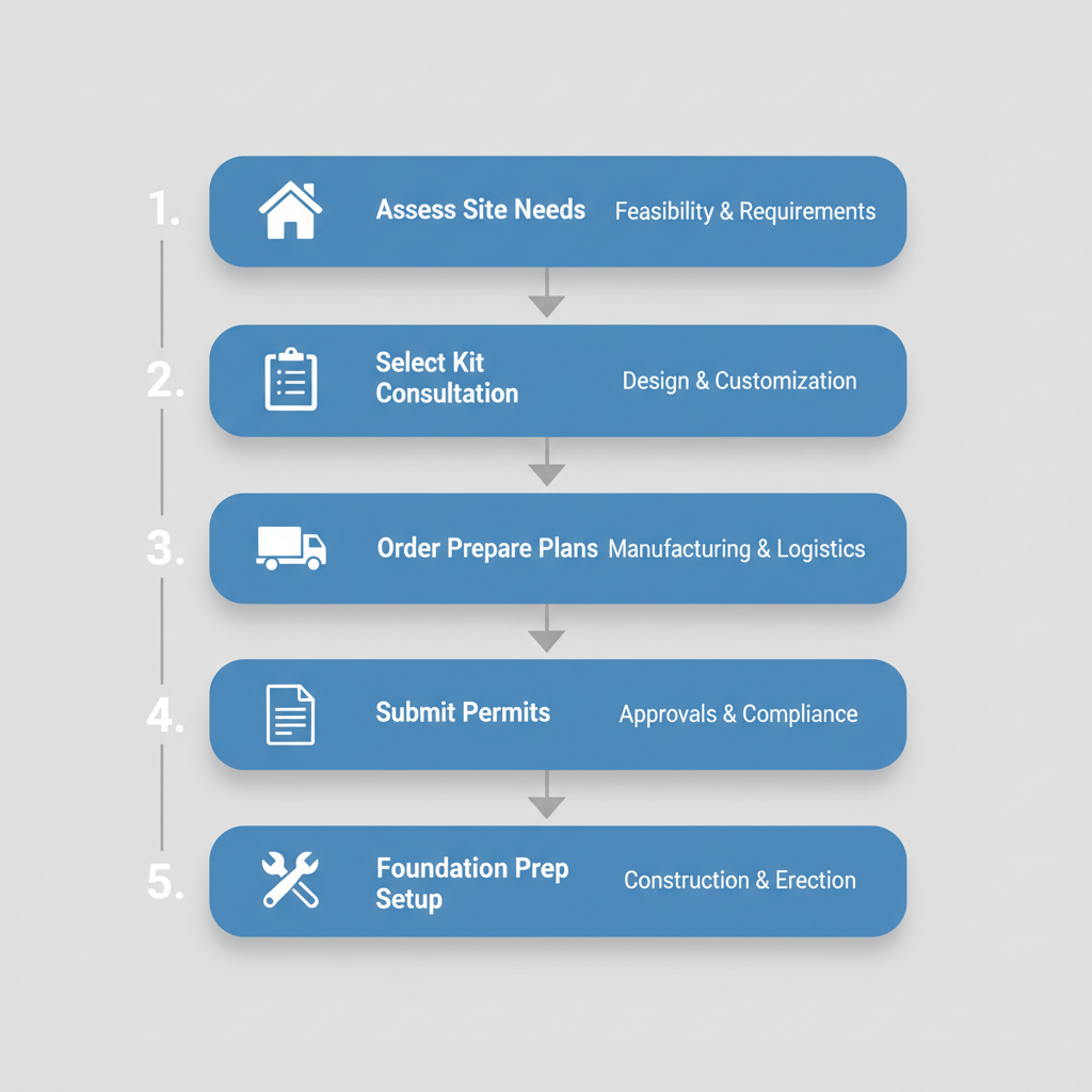 Vertical process flow diagram illustrating five steps to launch a steel kit project: assess site and needs, select kit via consultation, order and prepare plans, submit permits, foundation prep and setup.