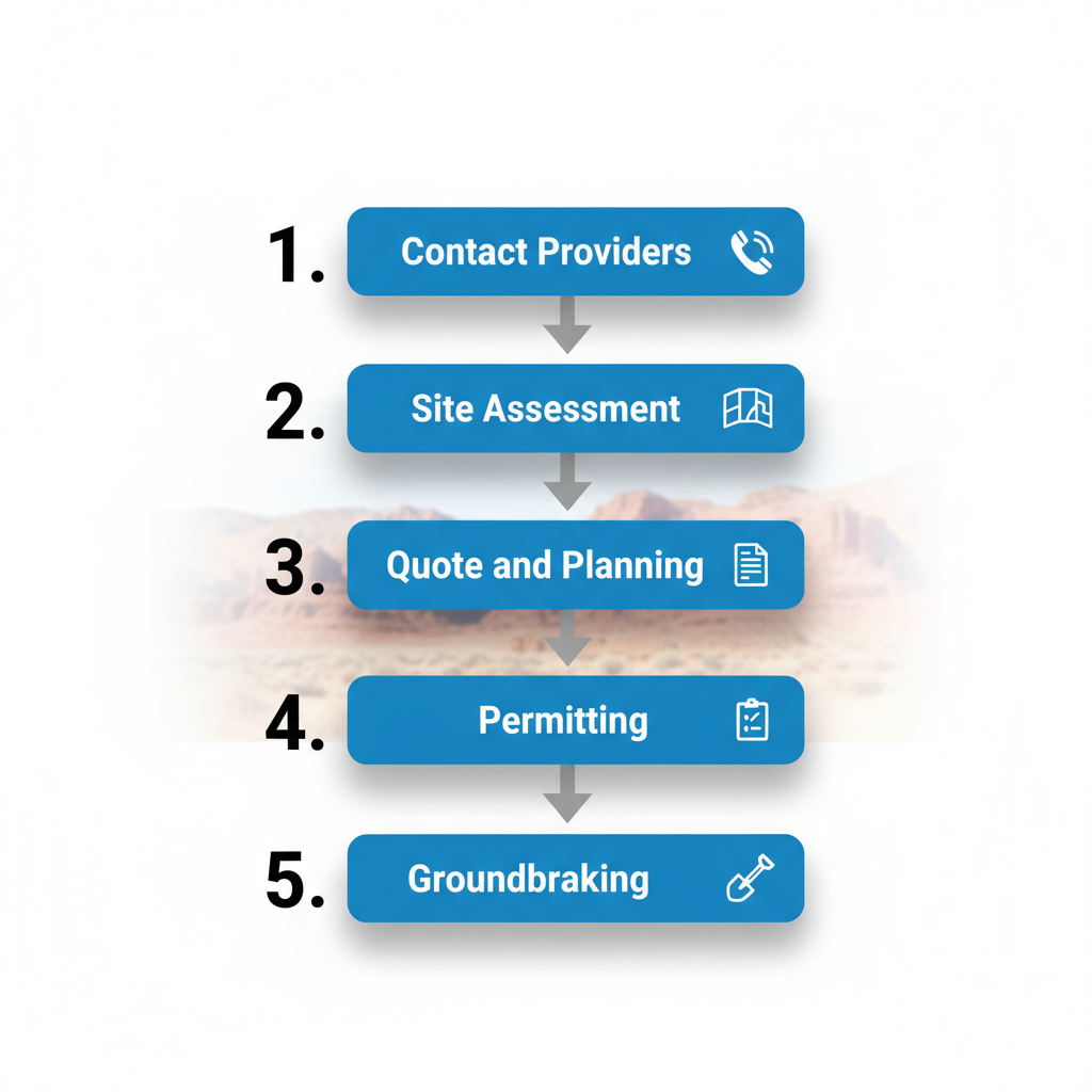 Vertical process flow diagram of five steps to start a steel building project including contact, assessment, planning, permitting, and groundbreaking with icons and arrows.