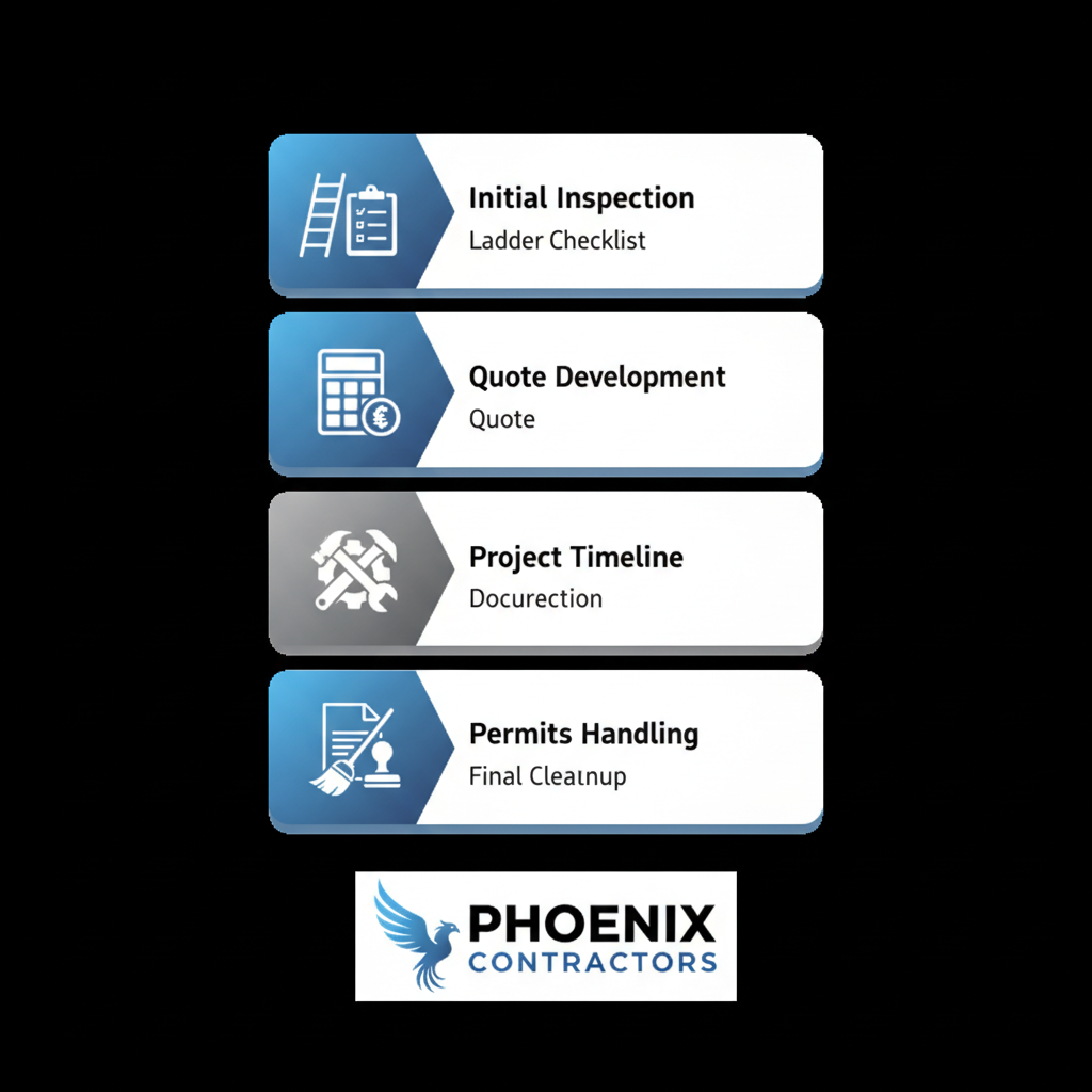 Vertical process flow diagram illustrating the five stages of roofing process with Phoenix contractors including inspection, quote, execution, permits, and cleanup.