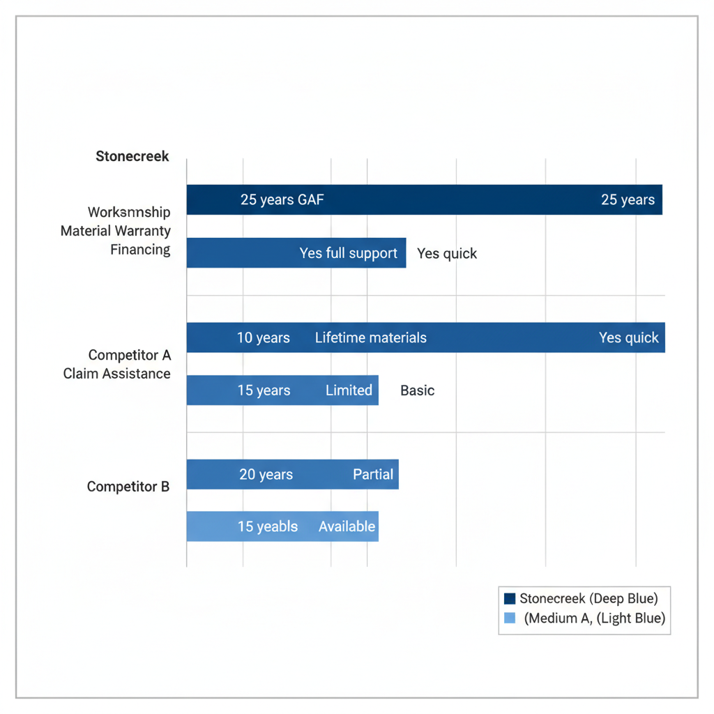 Horizontal bar chart comparing warranty aspects of Stonecreek Roofing and competitors in Phoenix, highlighting superior coverage and support.