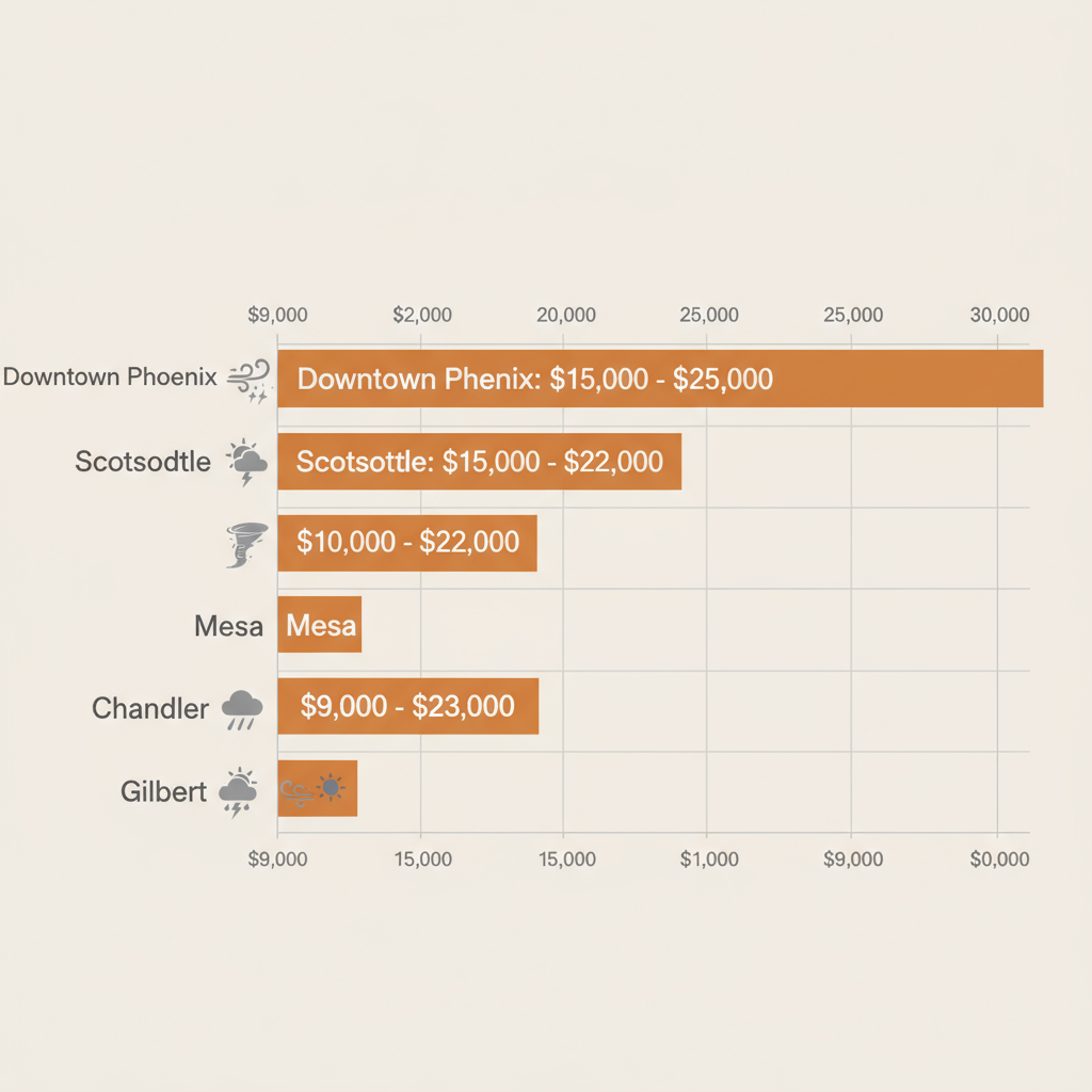 Horizontal bar chart of average roof replacement cost ranges in Phoenix neighborhoods: Downtown Phoenix, Scottsdale, Mesa, Chandler, Gilbert, with desert orange bars and issue icons on light background.