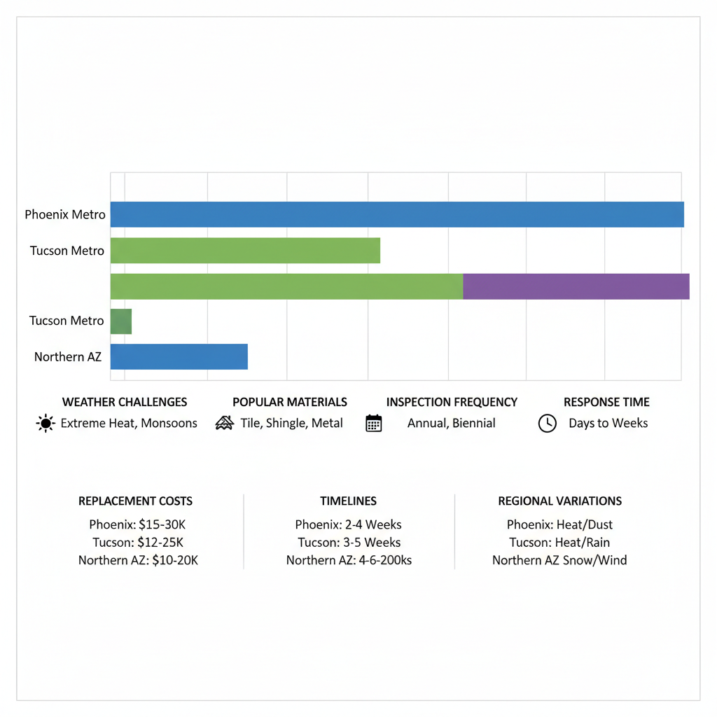 Horizontal bar chart comparing roofing aspects like weather, materials, inspections, and response times across Phoenix, Tucson, and Northern Arizona regions