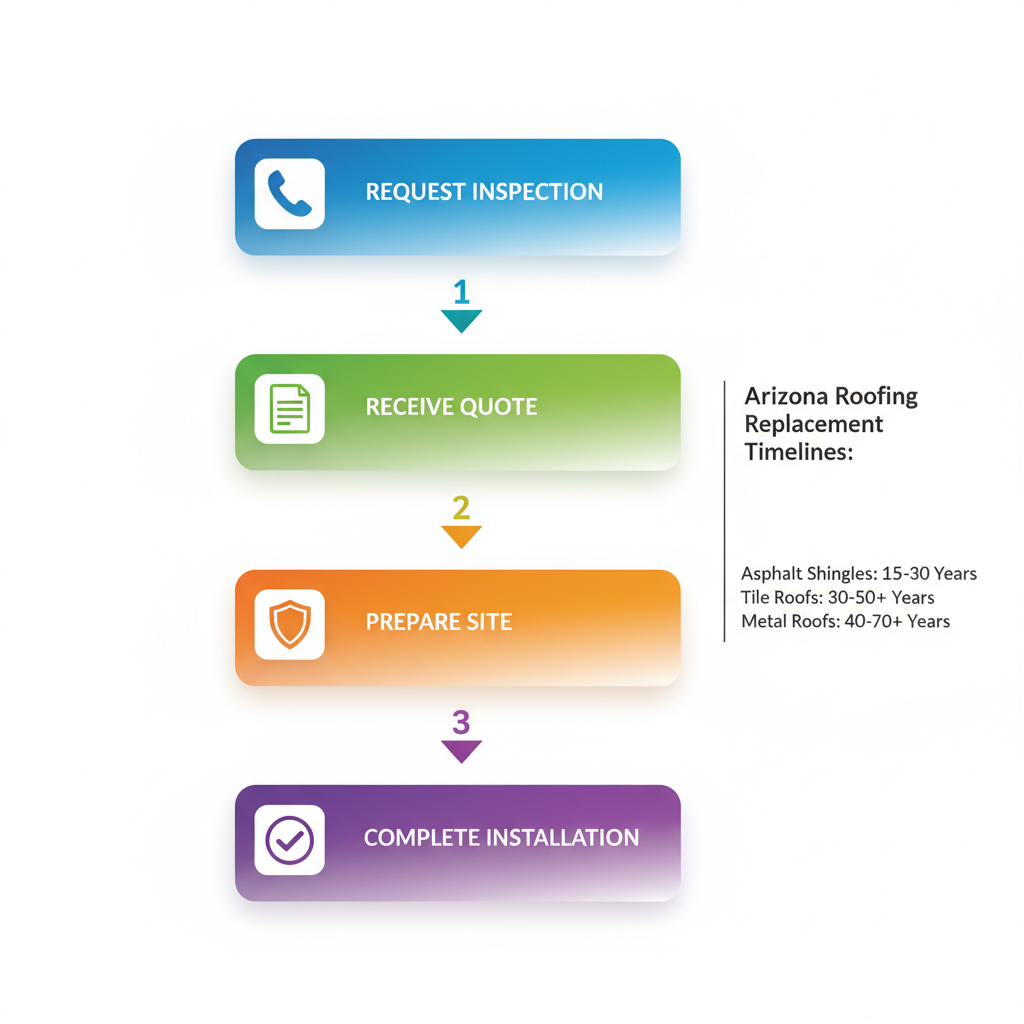 Vertical process flow diagram illustrating four steps for securing a roofing project in Arizona: request inspection, receive quote, prepare site, complete installation.