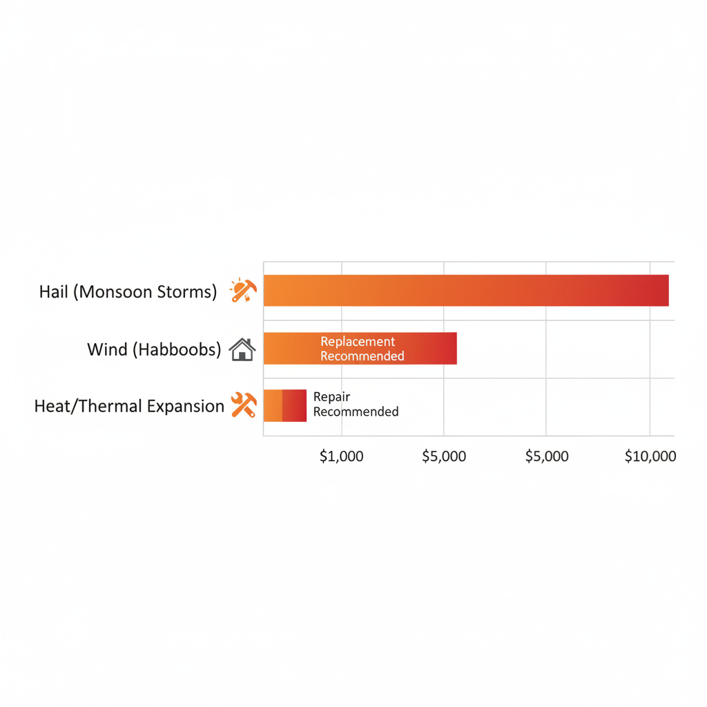 Horizontal bar chart of Phoenix roof damage types including hail, wind, and thermal expansion costs with repair recommendations.