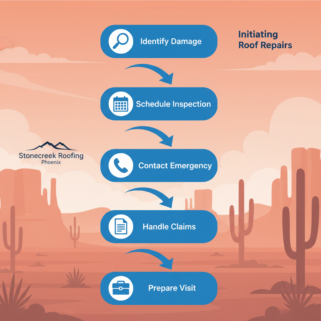Vertical process flow diagram illustrating five key steps to initiate roof repairs in Phoenix