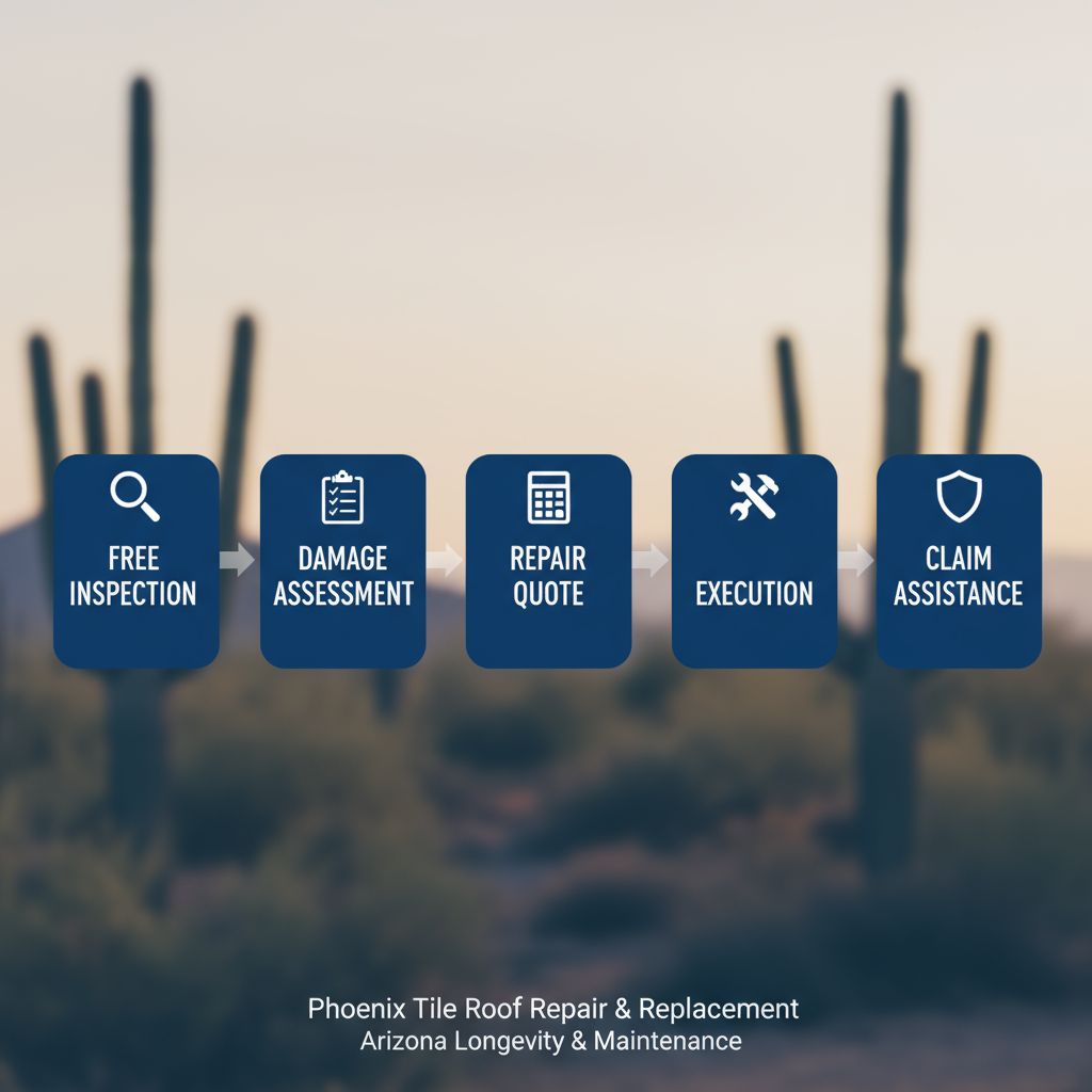 Horizontal process flow diagram illustrating five stages of tile roof repair and replacement services in Phoenix: inspection, assessment, quoting, execution, and claim assistance.