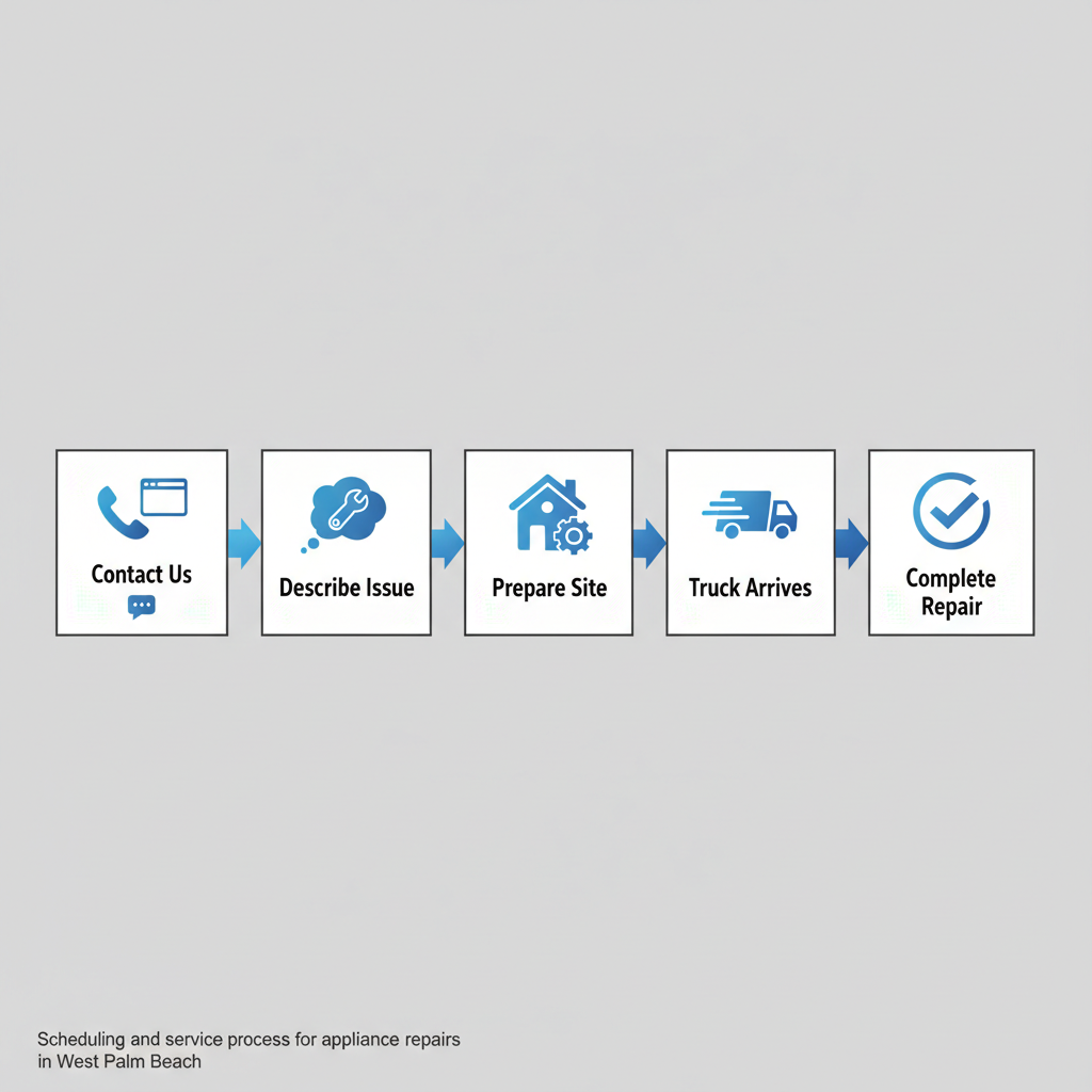 Horizontal process flow diagram showing five steps to schedule appliance repair in West Palm Beach