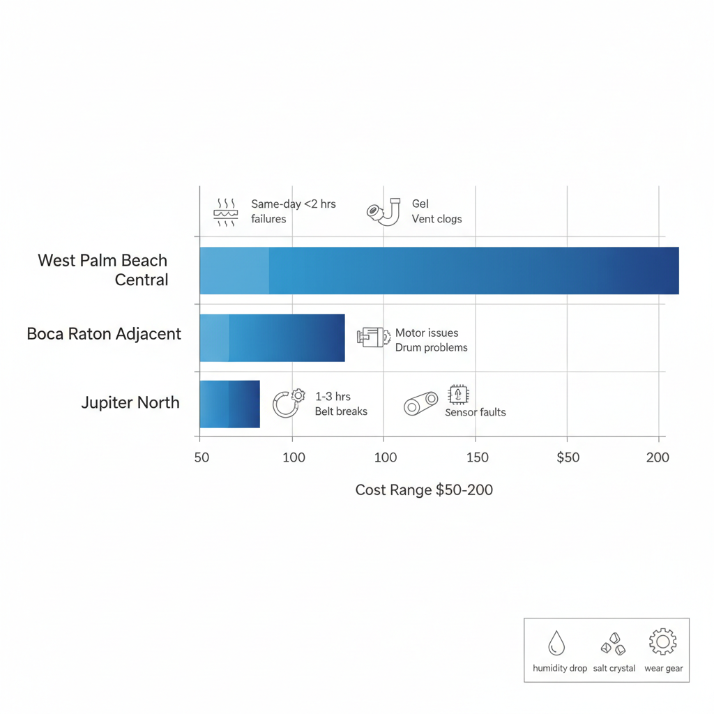 Horizontal bar chart comparing dryer repair costs and response times across West Palm Beach neighborhoods