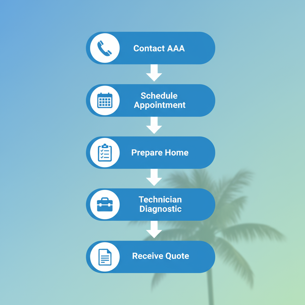 Vertical process flow diagram showing five steps to initiate dryer repair: contact, schedule, prepare, diagnose, and receive quote.