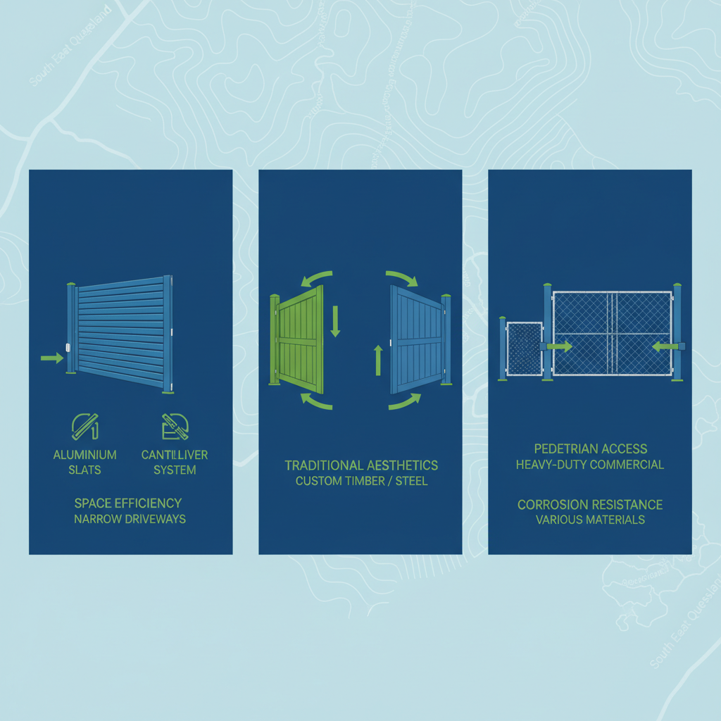 Infographic comparing sliding, swing, and pedestrian commercial automatic gates for Brisbane properties, highlighting benefits and materials