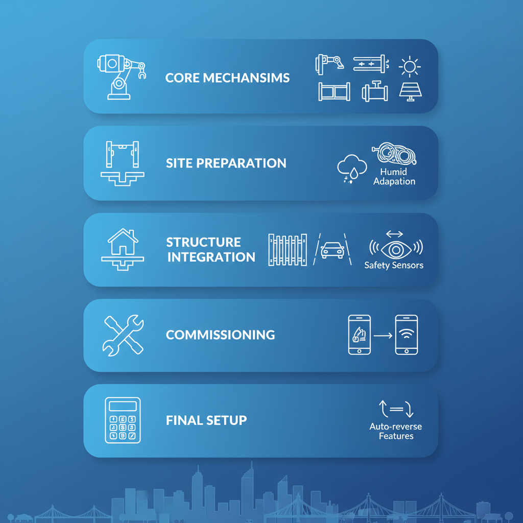 Vertical process flow diagram illustrating five key stages of automatic gate installation and functionality for Brisbane properties, featuring icons for mechanisms, preparation, integration, commissioning, and setup.