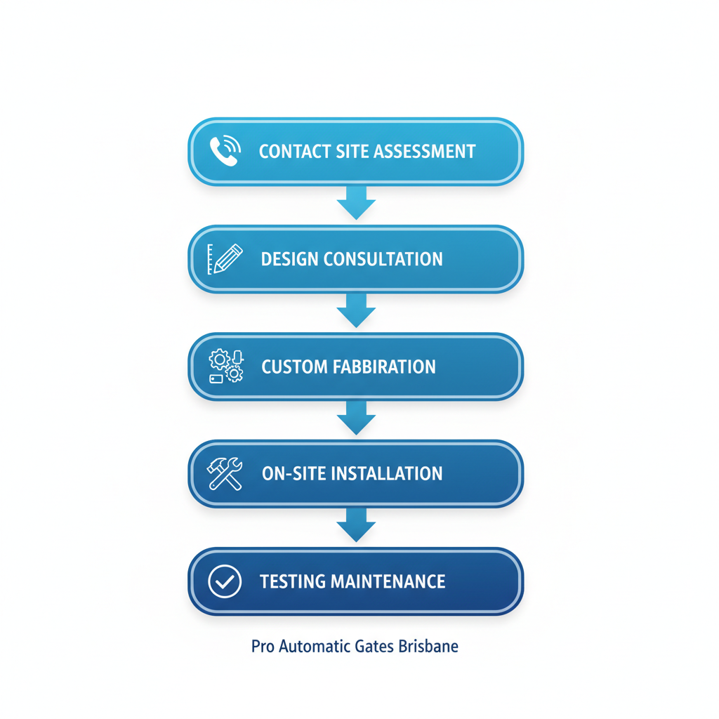 Vertical process flow diagram illustrating five stages of custom driveway gate installation: site assessment, design, fabrication, installation, and testing.