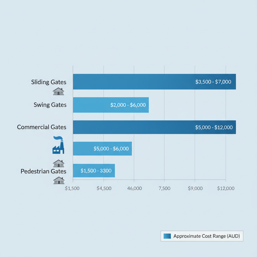 Horizontal bar chart comparing approximate cost ranges in AUD for sliding, swing, commercial, and pedestrian electric gates in Brisbane areas, with residential and commercial icons.