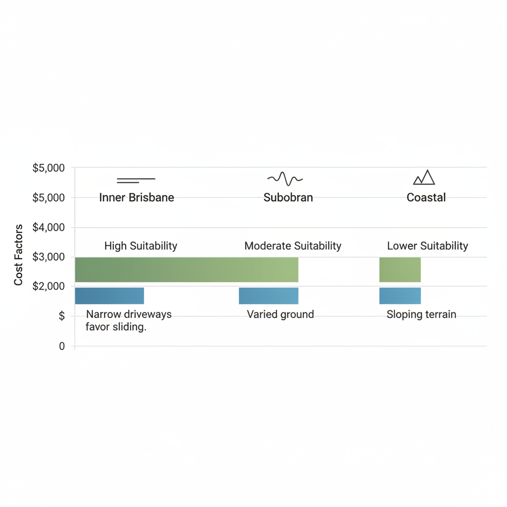 Horizontal bar chart illustrating sliding gate suitability and cost factors across Brisbane areas including Inner, Suburban, and Coastal regions