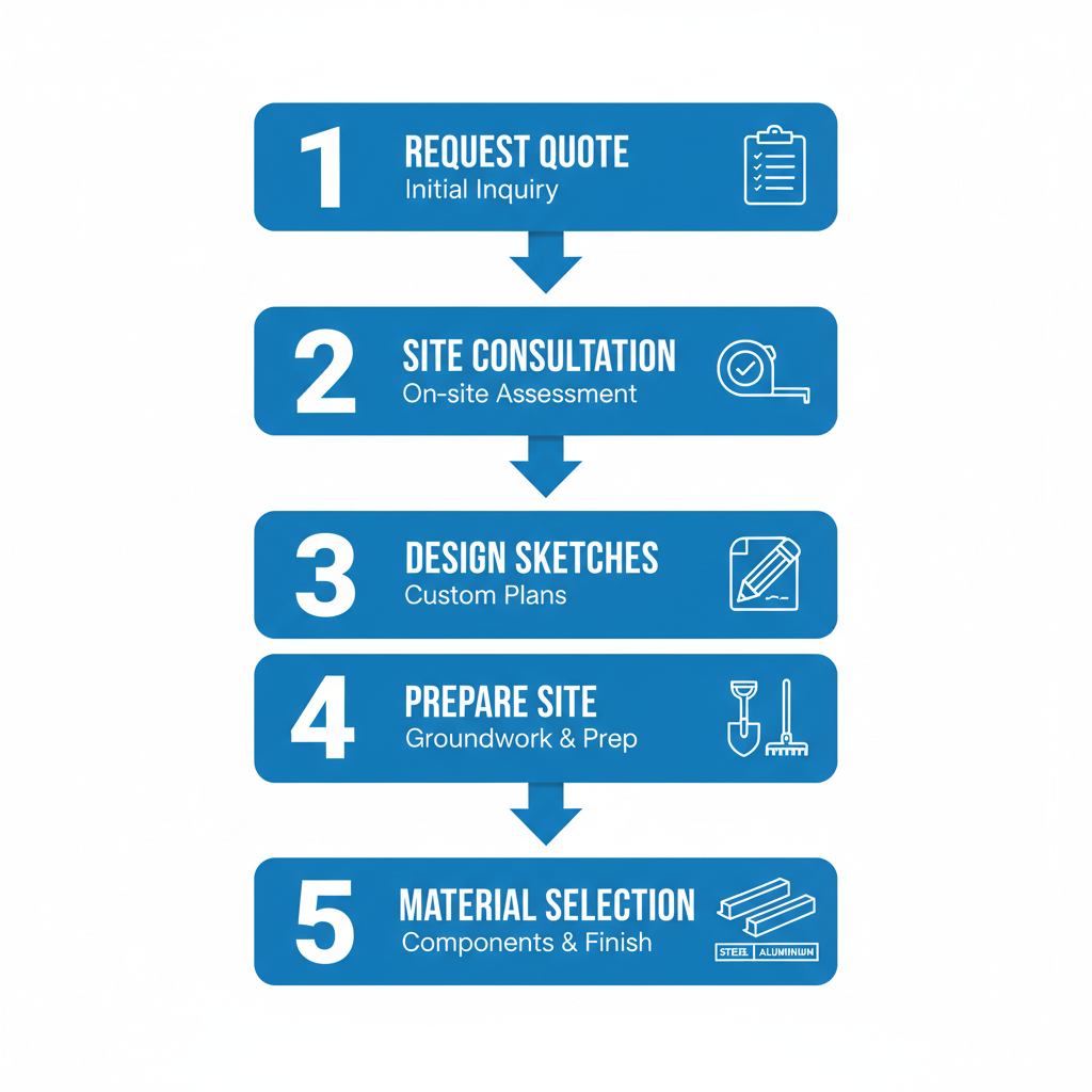 Vertical process flow diagram illustrating the five key steps in preparing for a sliding gate project, from requesting a quote to selecting materials.