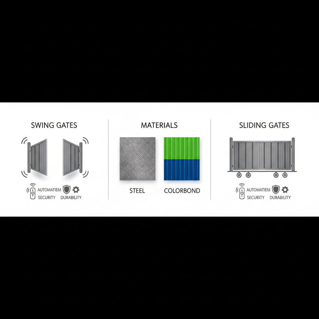 Infographic showing driveway gate design options including swing and sliding types, materials, and automation for Brisbane homes