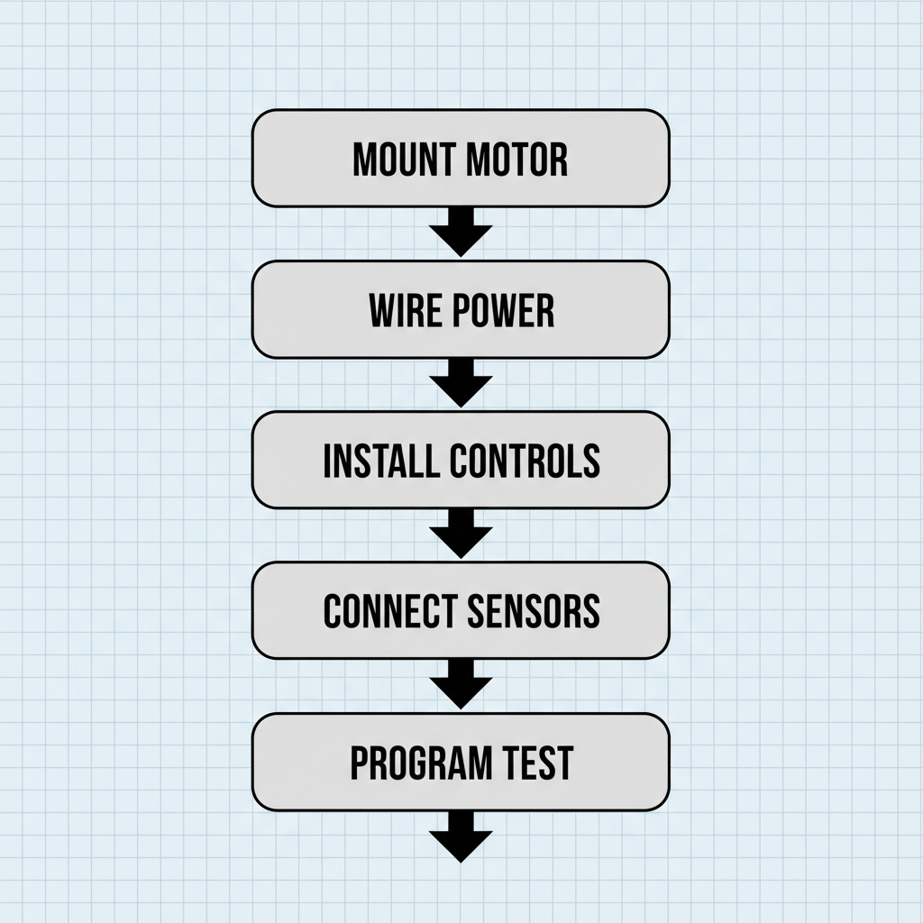 Vertical process flow diagram illustrating five steps for installing a residential electric gate opener.