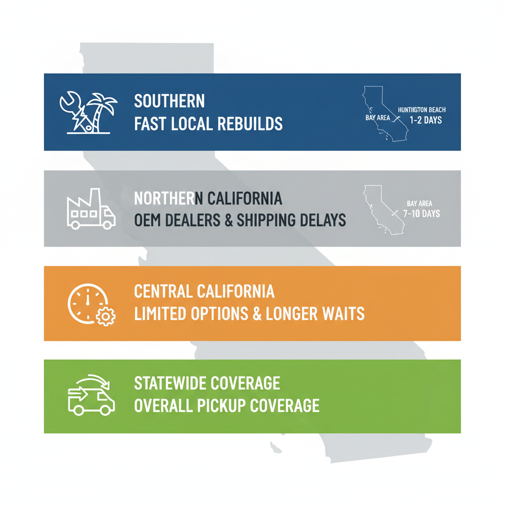 Infographic showing spindle repair services landscape in California regions, highlighting MZI Precision's fast coverage versus other areas' delays