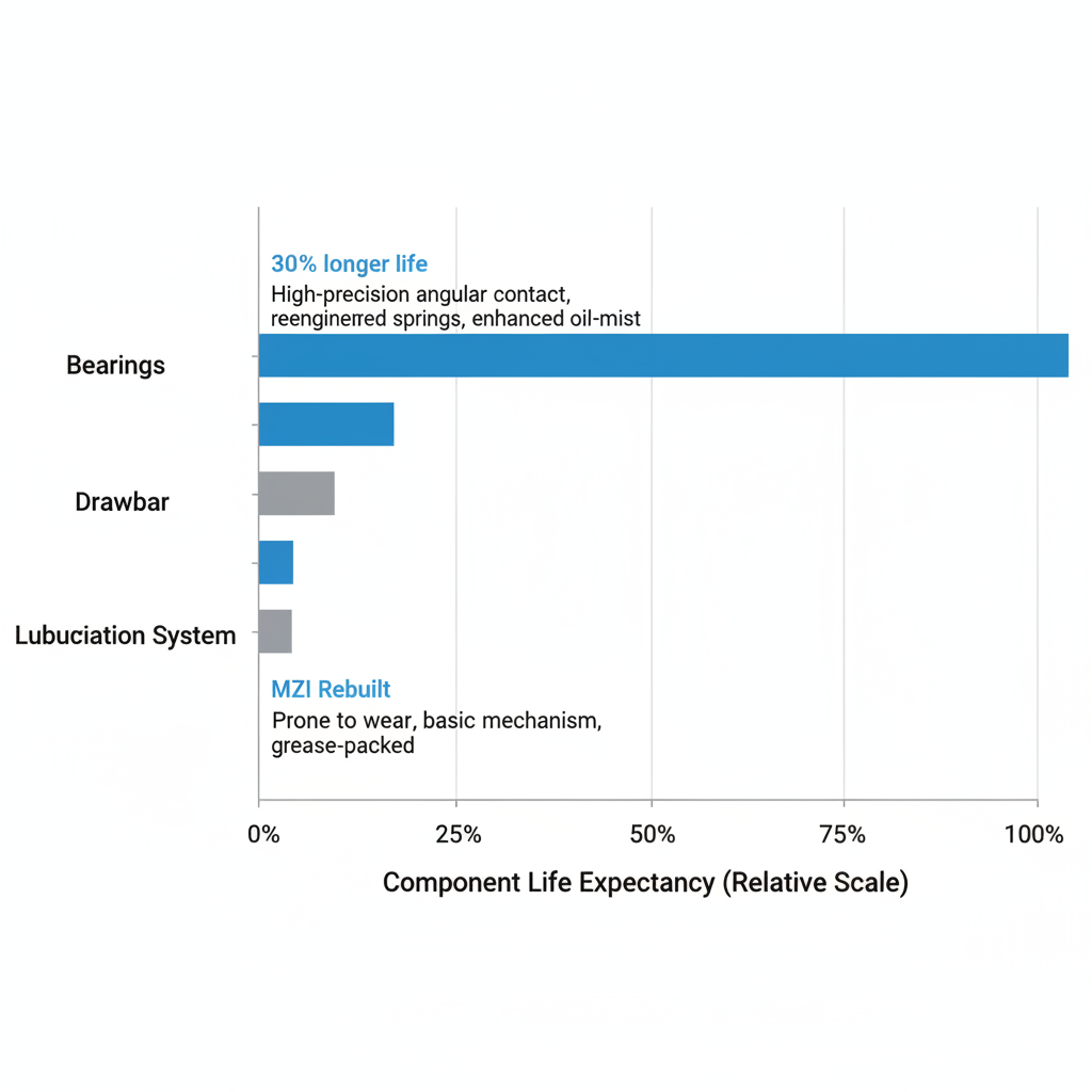 Horizontal bar chart comparing standard and rebuilt Haas spindle components including bearings, drawbar, and lubrication system with performance data.