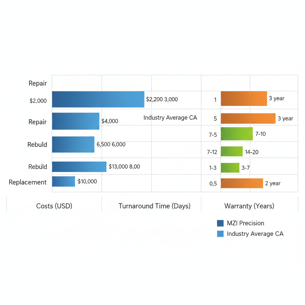 Horizontal bar chart comparing costs, timelines, and warranties for spindle repair, rebuild, and replacement services