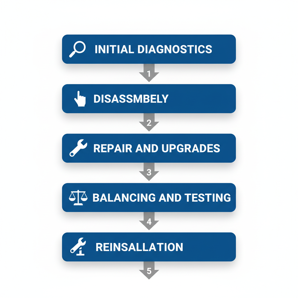 Vertical process flow diagram of five key steps in spindle rebuilding for Doosan and Haas machines
