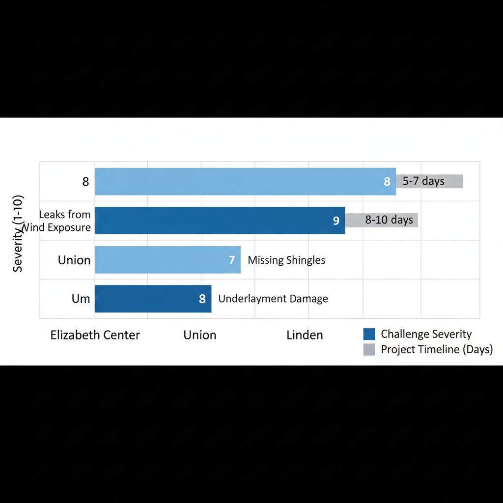 Horizontal bar chart comparing roofing issues severity and project timelines in Elizabeth Center, Union, and Linden neighborhoods, highlighting weather-related shingle damage.