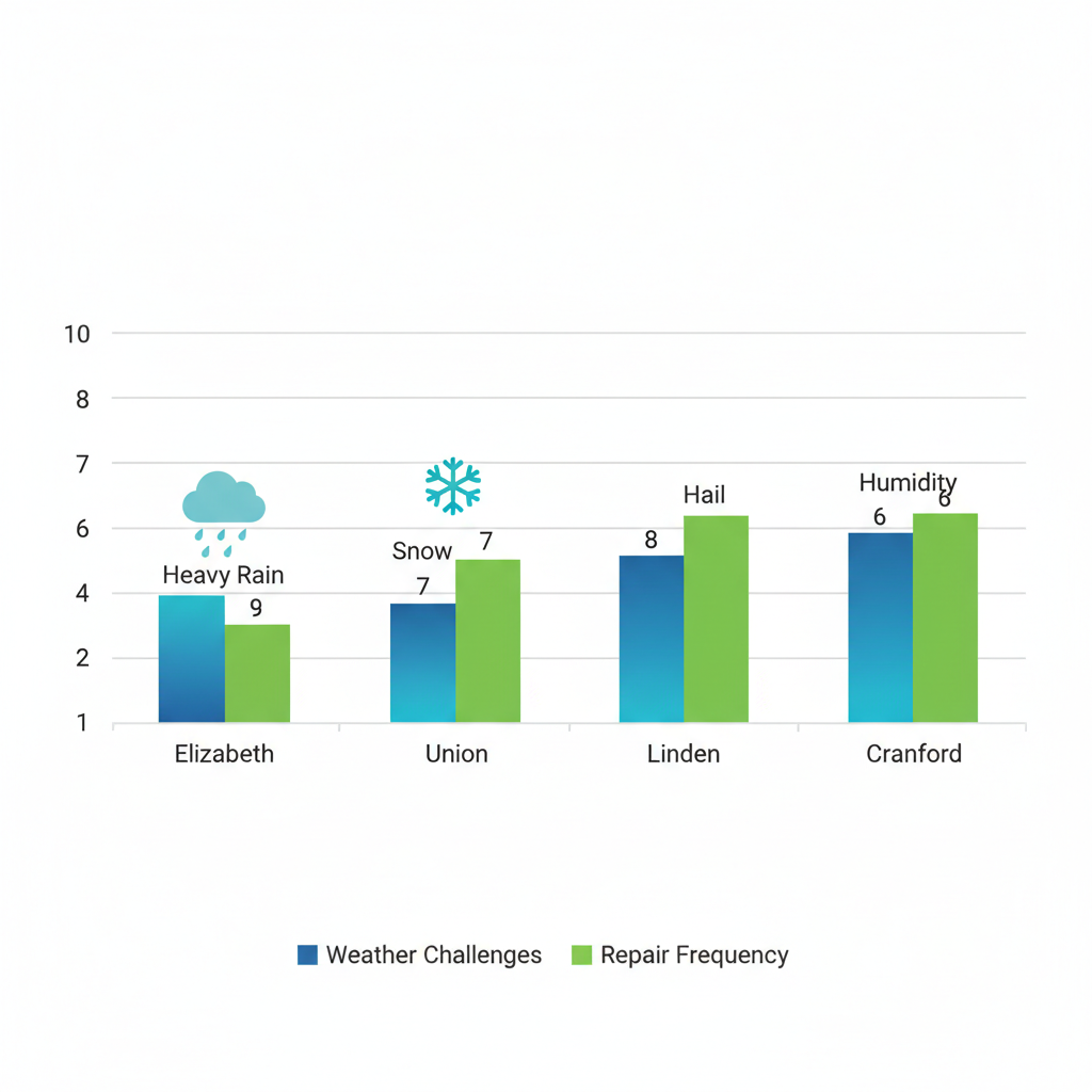Horizontal bar chart comparing severity of roofing challenges across Elizabeth, Union, Linden, and Cranford in Union County