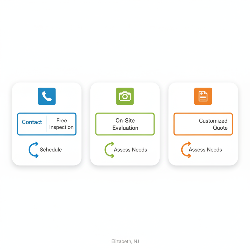 Horizontal process flow diagram illustrating three key steps for starting a roofing project in Elizabeth, NJ: contact for free inspection, on-site evaluation, and customized quote.
