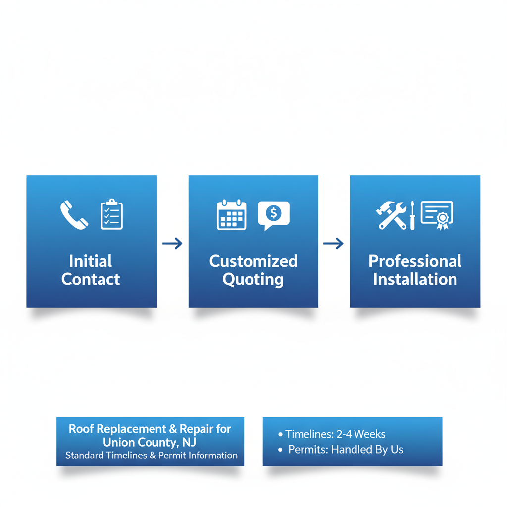 Horizontal process flow diagram illustrating three stages of roof replacement and repair with icons and arrows