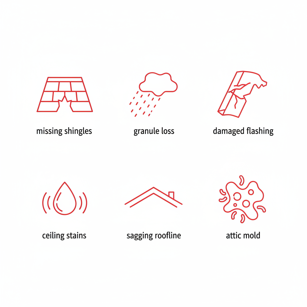 Grid of icons showing common signs of roof damage including missing shingles, granule loss, and more