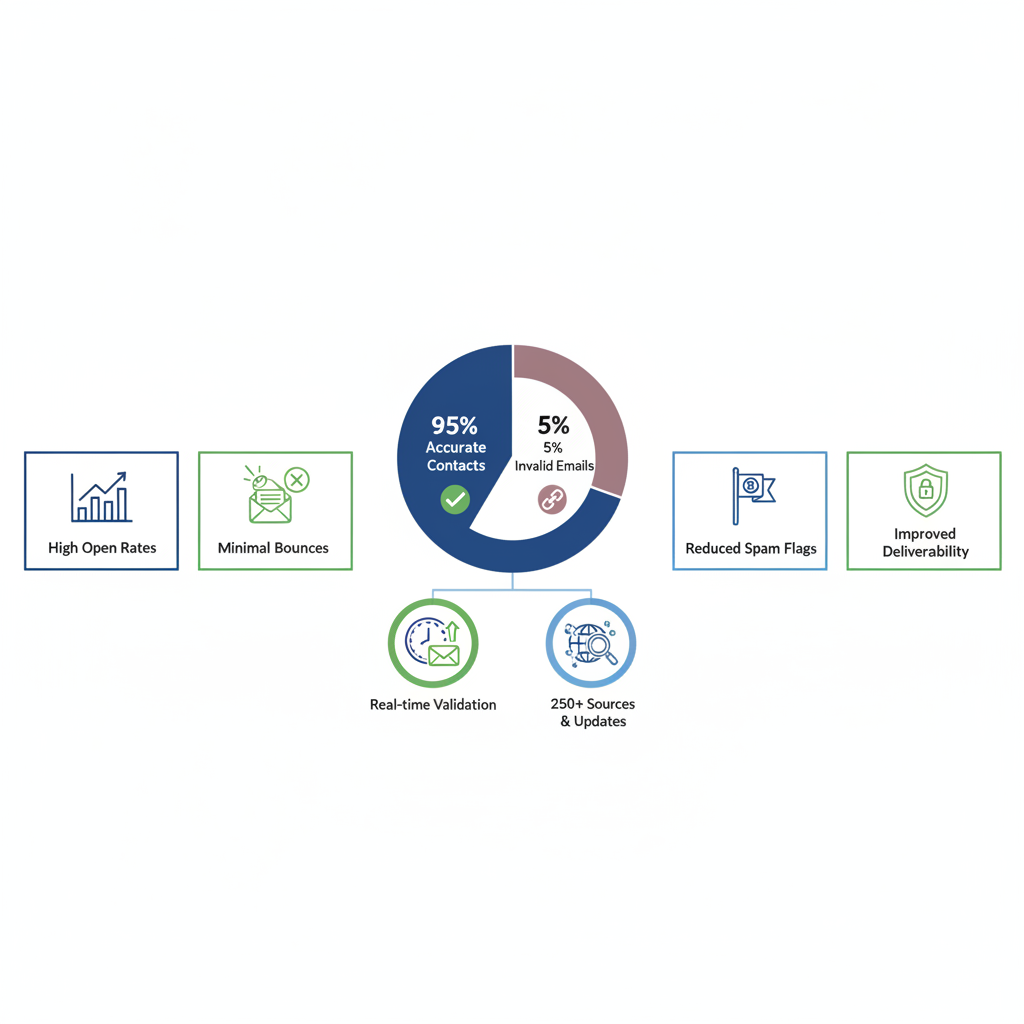 Infographic depicting 95% accuracy in business email lists with pie chart and impact icons