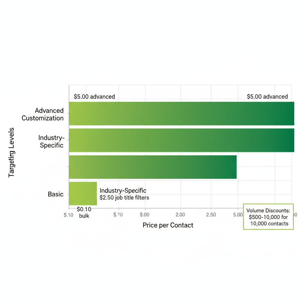 Horizontal bar chart illustrating pricing tiers for business email lists by targeting depth and volume discounts