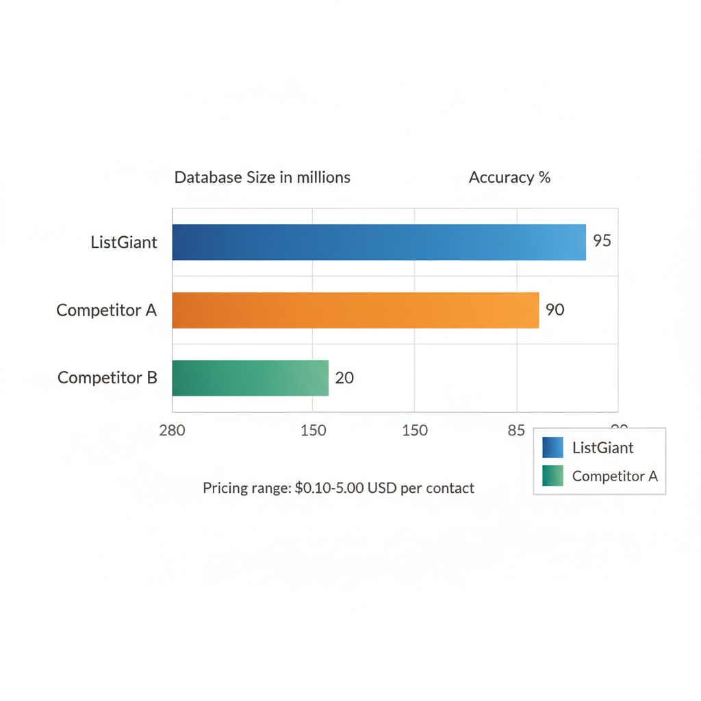 Horizontal bar chart comparing mailing list providers by database size, accuracy percentage, and pricing range