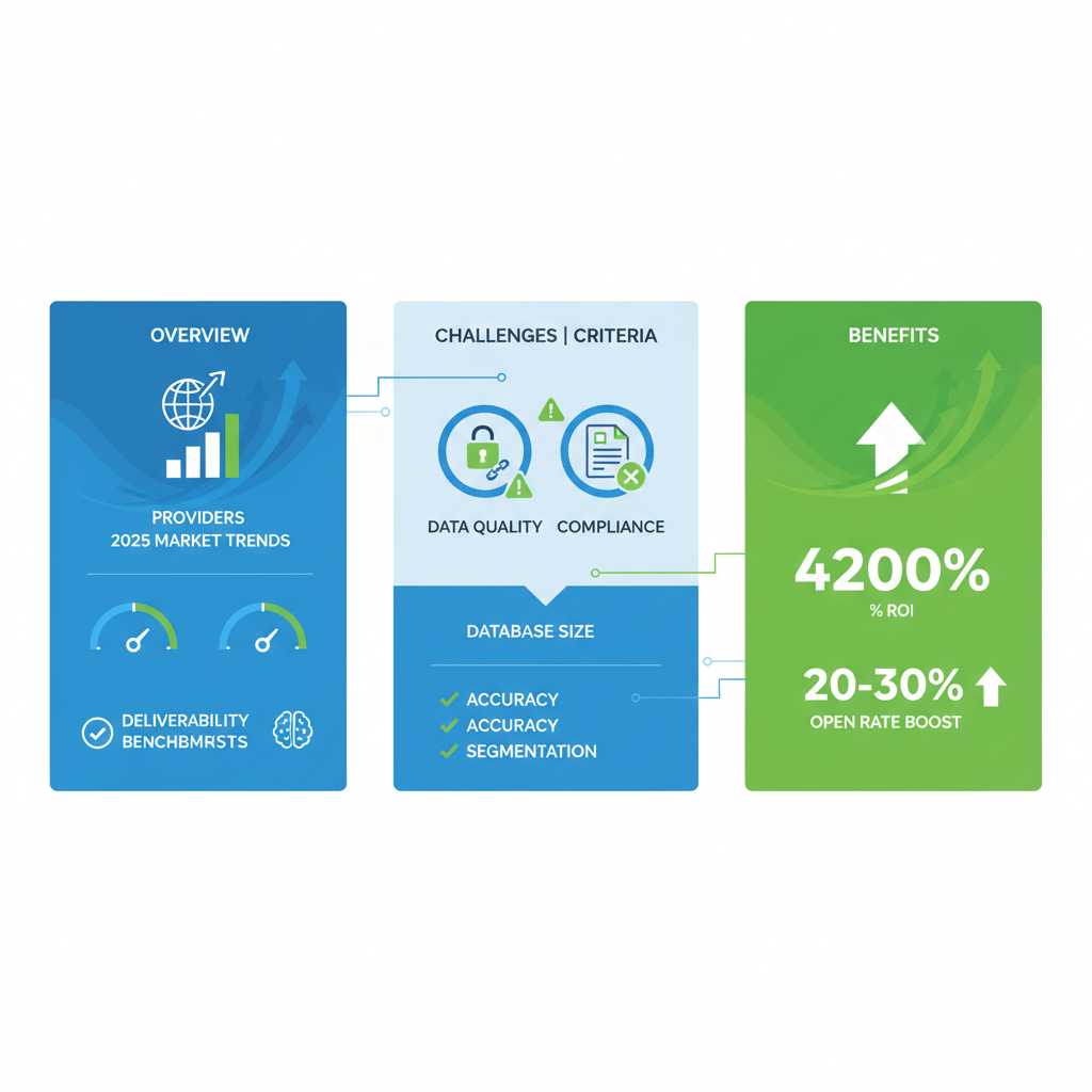 Infographic showing challenges, criteria, and benefits of top B2B email marketing lists for lead generation